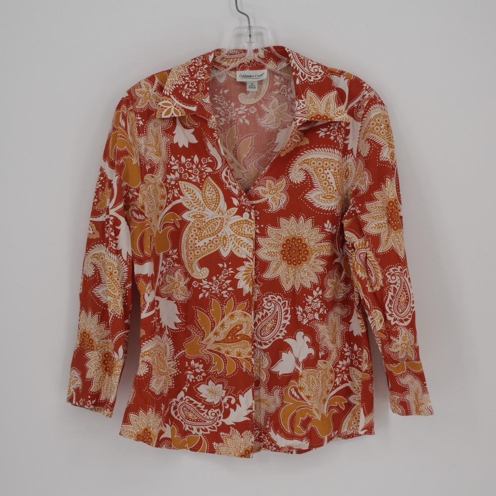 Coldwater Creek Women's Orange Paisley Floral Button Up Shirt Size M